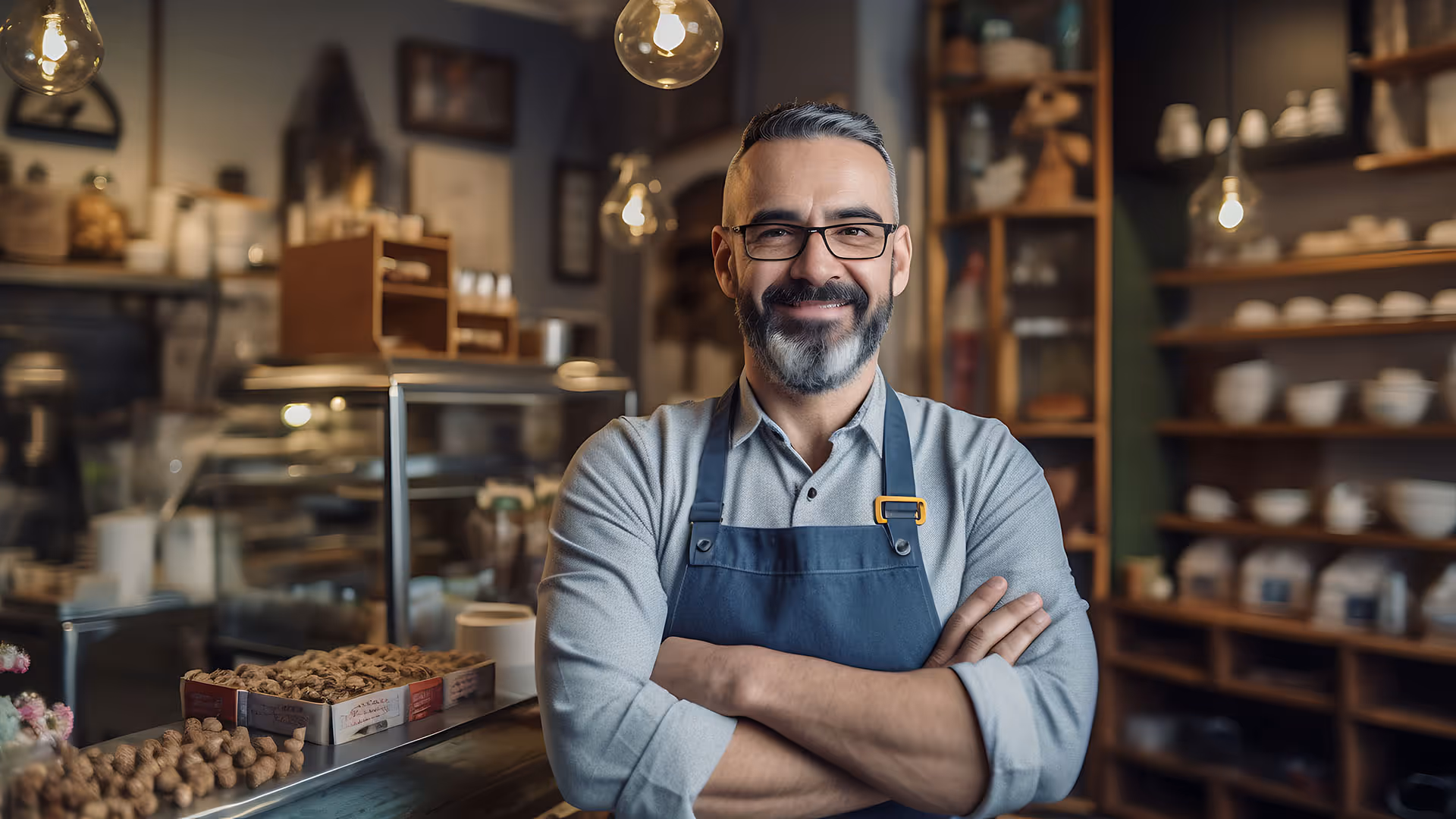 Small business owner standing proudly in front of his food service counter. 