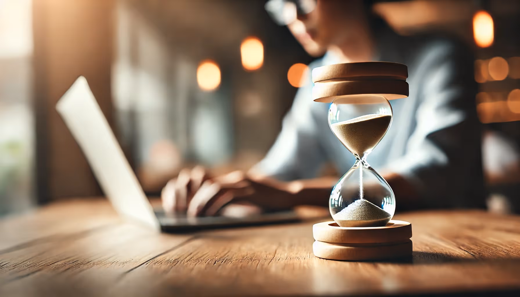 small business owner works on laptop in from of timer