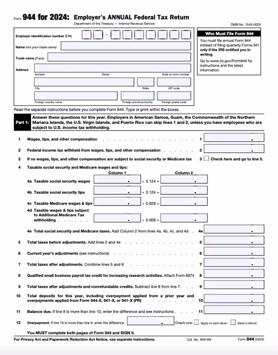 Sample Form 944 from IRS. 