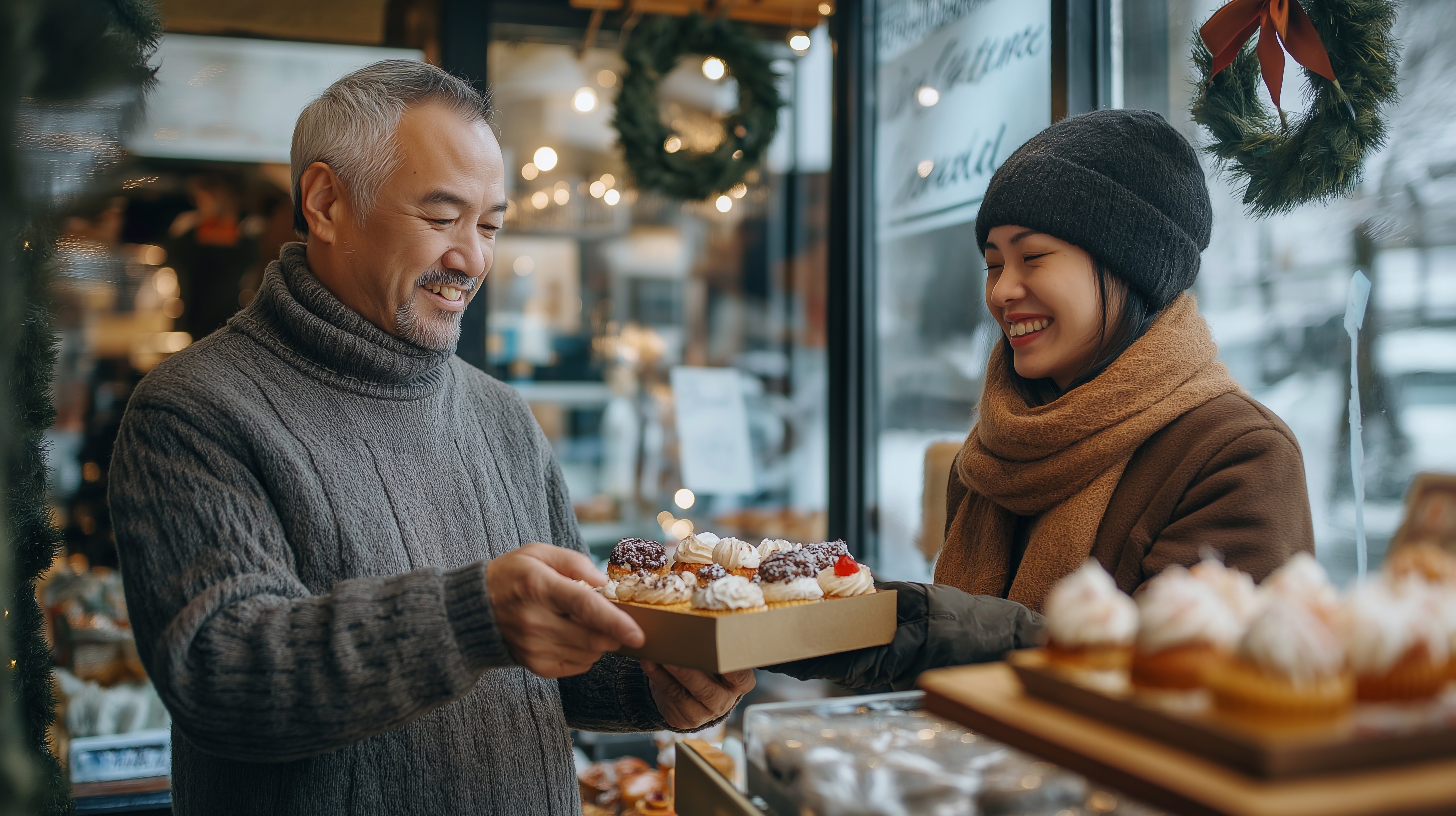 Woman customer buys festive treats from local bakery. 