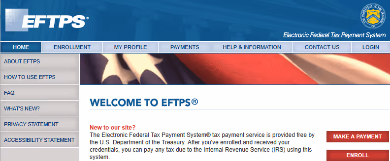 Screenshot of EFTPS welcome screen from IRS