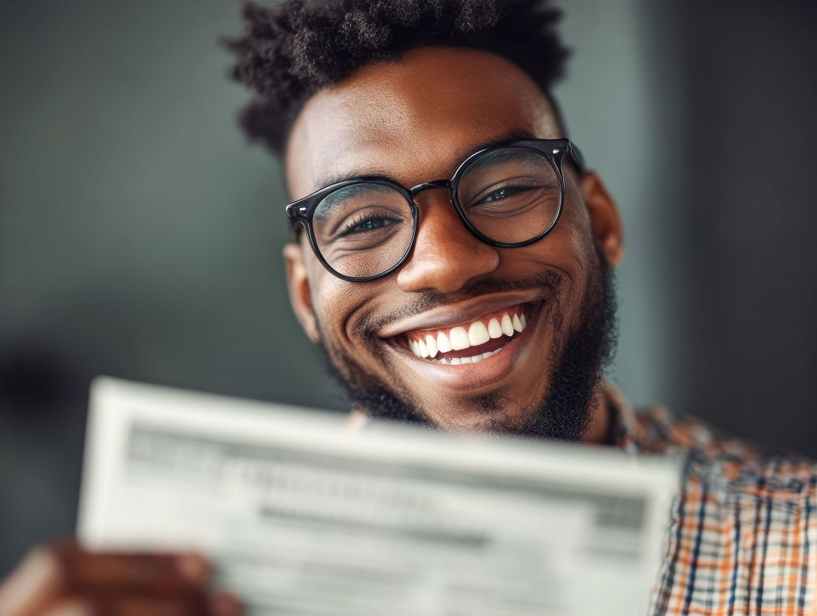 Smiling man holding paycheck and celebrating pay day