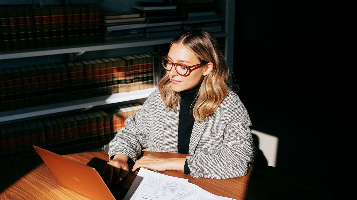 Lawyer uses laptop on desk to review payroll for her s-corp.