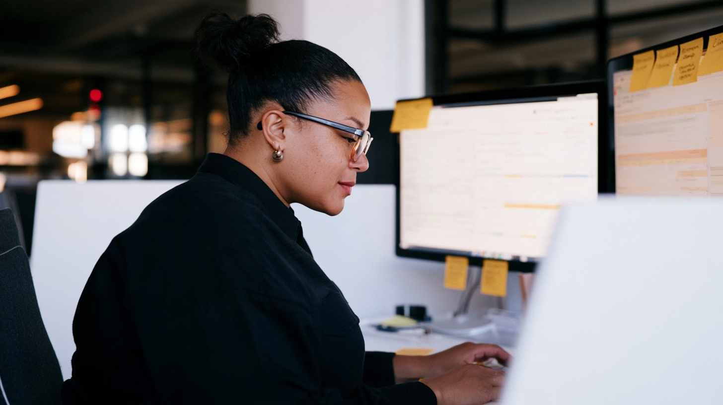 Female accountant uses multiple screens at desk to review reasonable s-corp salary.