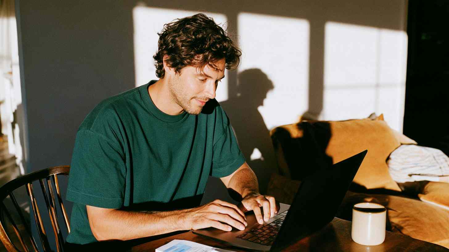 S-corp owner uses laptop at table reviews automated payroll services for s-corp.