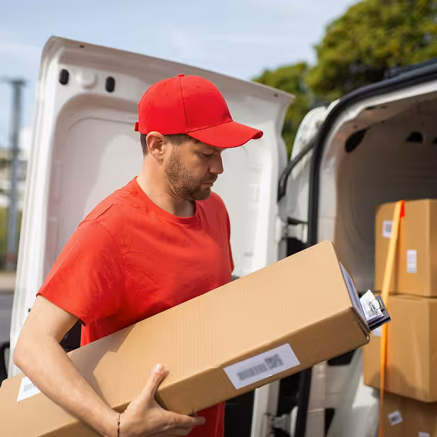 A truck driver stands at the back of his truck to check his inventory, holding a box and a clipboard.