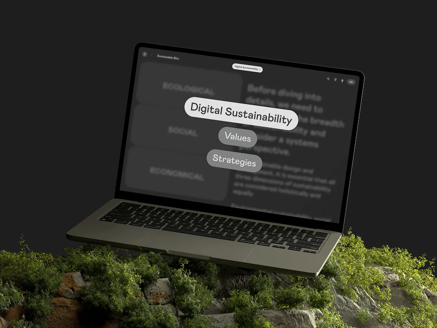 Open Macbook standing on a stony, overgrown surface. The screen shows the main navigation of the website "Sustainable Bits", where the three menu items "Digital Sustainability", "Values" and "Strategies" are visible.