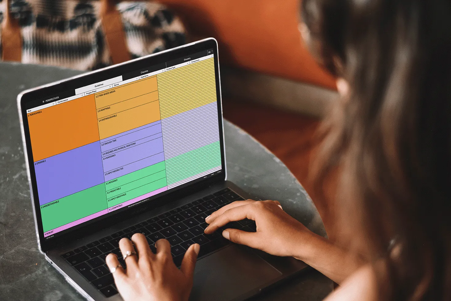 An open Macbook stands in front of a woman on a table and shows the colorful website "Perspectives", which displays a large set of guidelines in the visual form of a zoomable icicle, an interactive form of an information visualization.