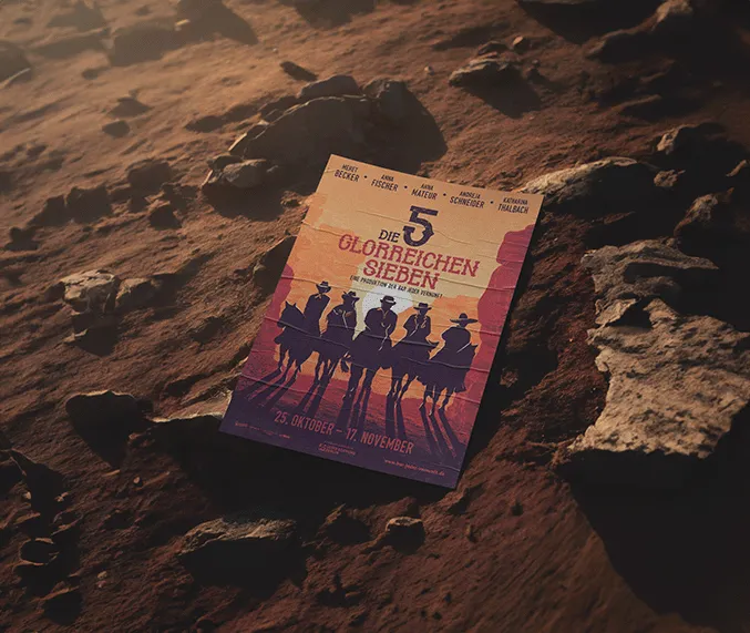 Poster in warm orange, red and purple tones on a stony, brown, desert-like surface. The drawn illustration shows abstract silhouettes of five horsemen riding towards the viewer in the setting sun. They are in a rocky landscape that is covered with long shadows due to the sunset. The title "The Five Magnificent Seven" is shown in large letters above the illustration.