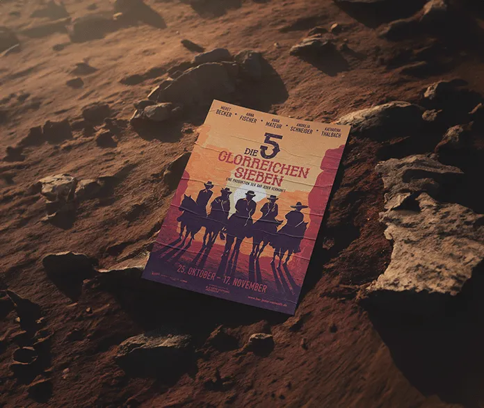 Poster in warm orange, red and purple tones on a stony, brown, desert-like surface. The drawn illustration shows abstract silhouettes of five horsemen riding towards the viewer in the setting sun. They are in a rocky landscape that is covered with long shadows due to the sunset. The title "The Five Magnificent Seven" is shown in large letters above the illustration.