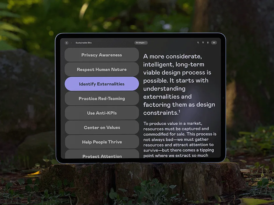 iPad in front of a green forest-like background shows the website "Sustainable Bits". The current page shows various strategies for the sustainable design and development of digital products and services. On the left-hand side, the user has an overview of all the strategies he can select. On the right-hand side, further details and information on the selected strategy are displayed in text form.