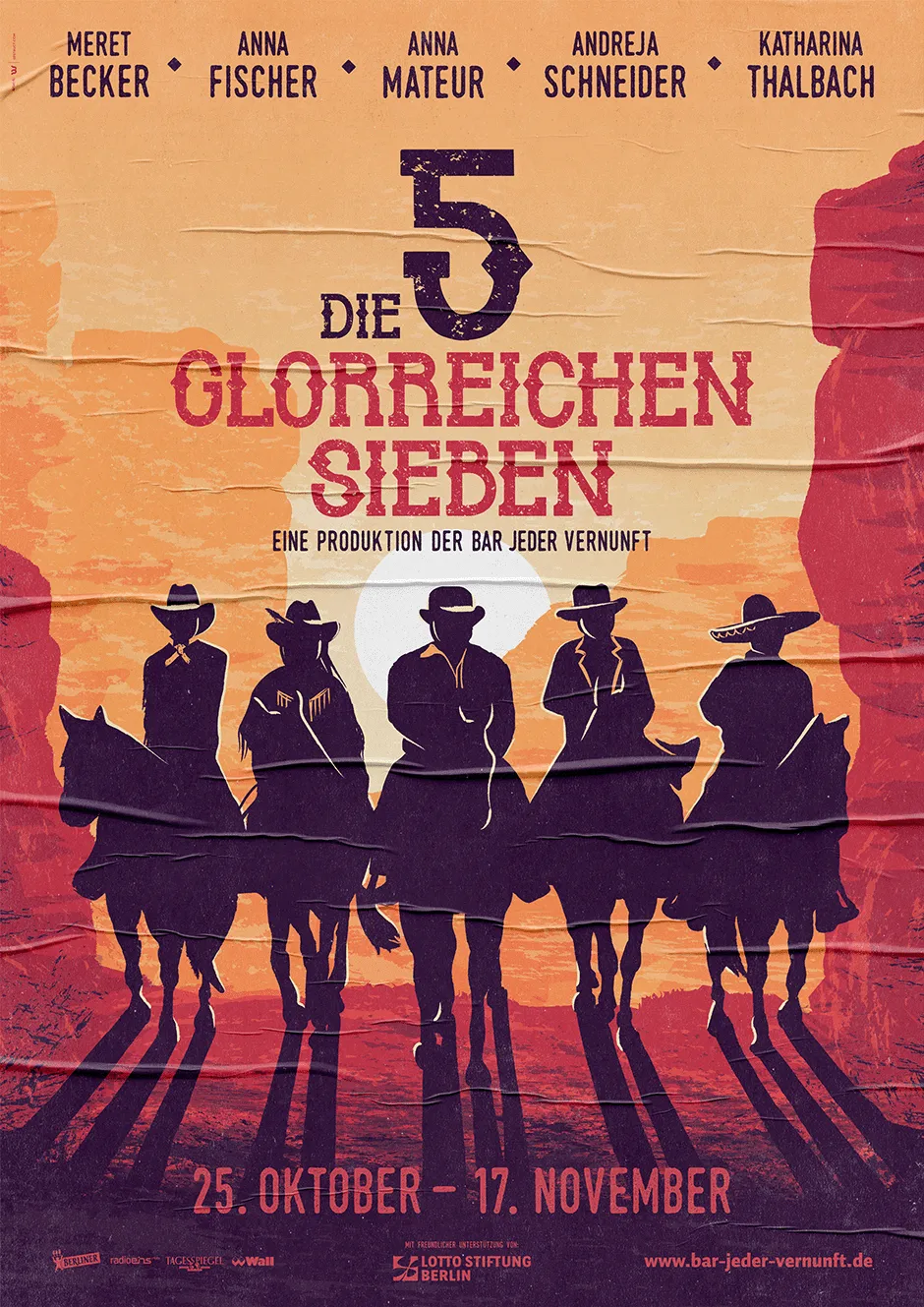 The drawn illustration in warm orange, red and purple tones shows abstract silhouettes of five horsemen riding towards the viewer in the setting sun. They are in a rocky landscape that is covered with long shadows due to the sunset. The title "The Five Magnificent Seven" is shown in large letters above the illustration.