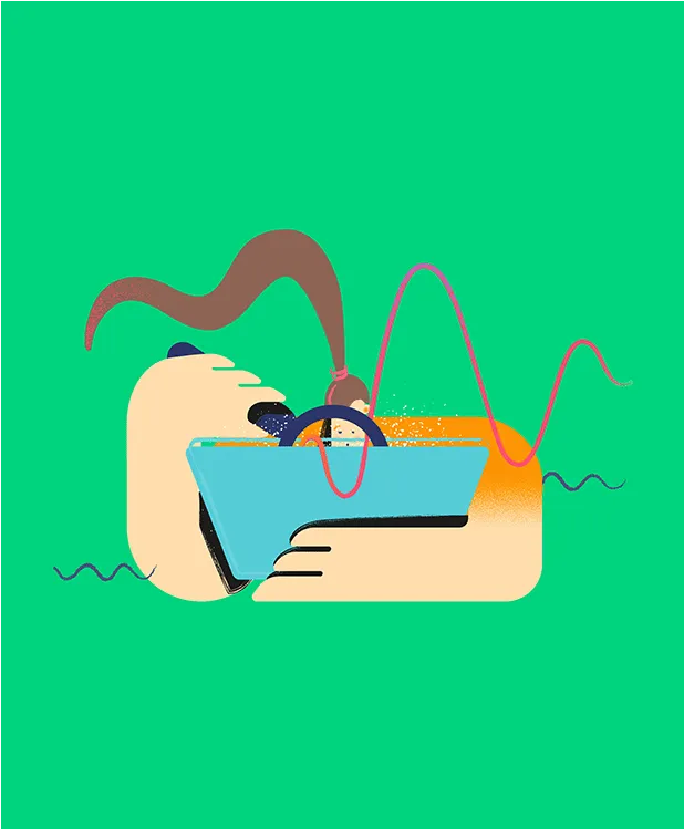 Abstract, colorful and digitally drawn illustration of a person on a green background. The illustration shows a concentrated-looking person looking into a laptop with a magnifying glass, only the upper body is visible. It looks as if this person is analyzing a graph or data. The proportions of the person are unusual. The arms are particularly long, the body short and thick and the head very small. The long brown ponytail curls in the air.