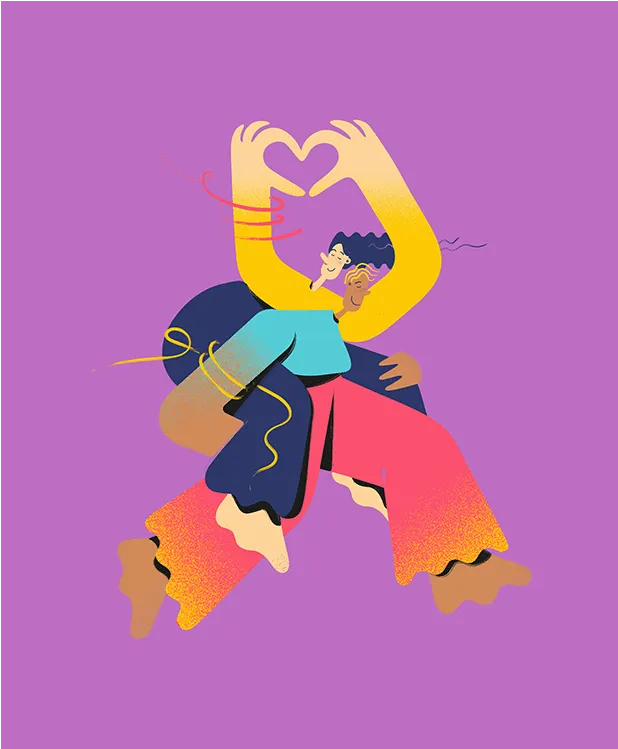 Abstract colorful and digitally drawn illustration of two happy-looking people on a purple background. One person is carrying the other piggyback and the second person is forming a heart with their hands. The proportions of the persons are unusual. The arms and legs are particularly long, the body short and thick and the heads very small.