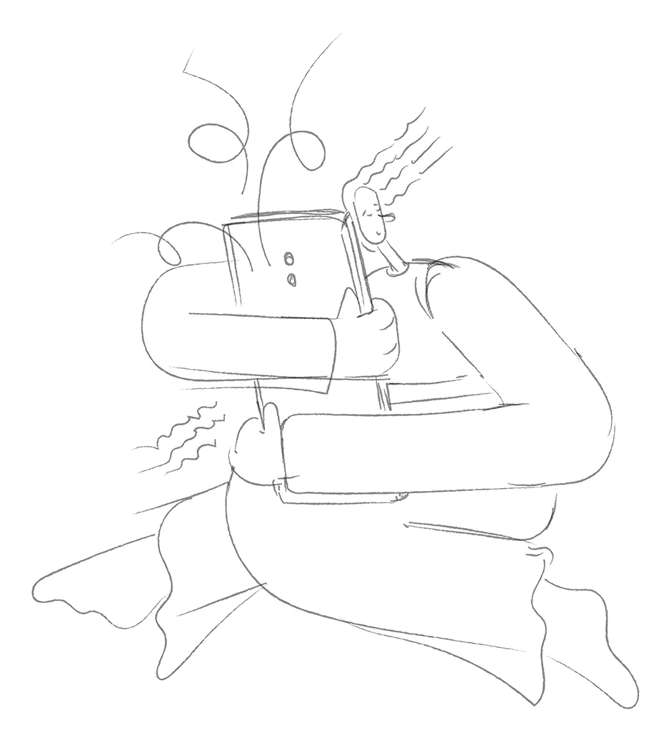 Digitally drawn sketch of a character in gray pencil. The sketch of the illustration shows a cheerful, happy-looking person holding a smartphone with both arms. The proportions of the person are unusual. The arms and legs are particularly long, the body short and thick and the head very small. The long wavy hair is floating and there is a smile on the face.