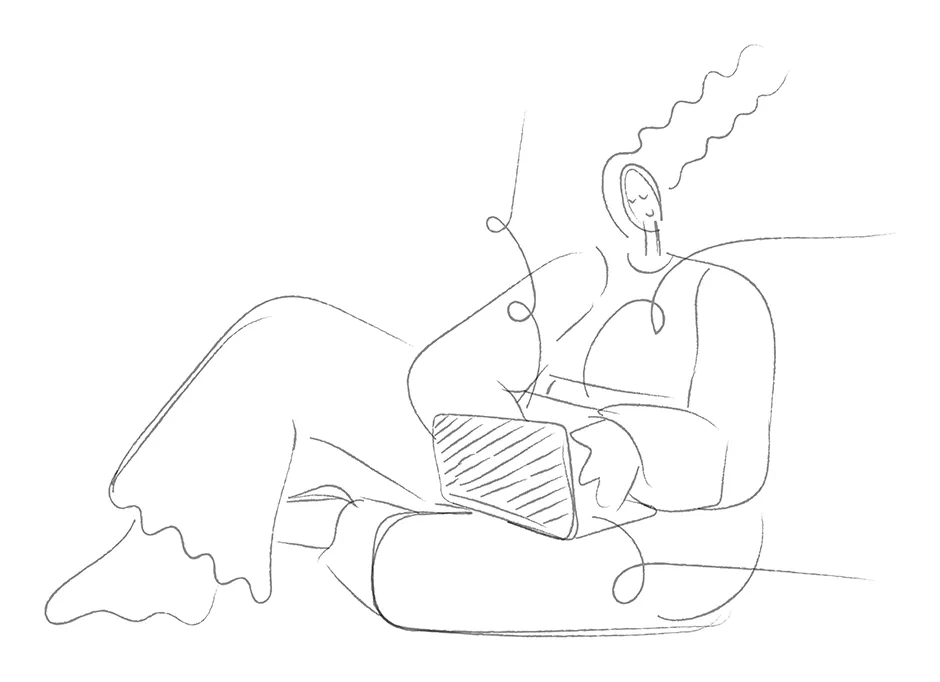 Digitally drawn sketch of a character in gray pencil. The sketch of the illustration shows a cheerful, happy-looking person sitting relaxed on the floor with a laptop and typing something. The proportions of the person are unusual. The arms and legs are particularly long, the body short and thick and the head very small. The long wavy hair is floating and there is a smile on the face.