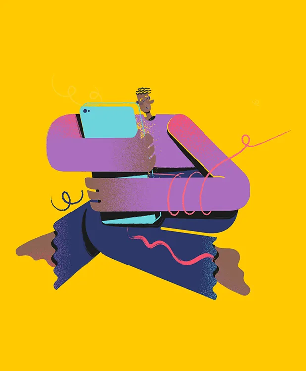 Abstract, colorful and digitally drawn illustration of a person on a yellow background. The illustration shows a cheerful, happy-looking person holding a smartphone with both arms. The proportions of the person are unusual. The arms and legs are particularly long, the body short and thick and the head very small. The long, wavy hair is floating and a smile can be seen on the face.