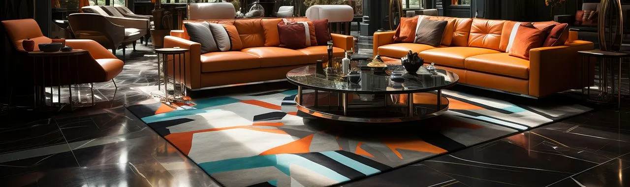 Image d’un salon de réception avec de grands canapés et de multiples sièges dans un style inspiré des années 70, dominé par des tons orange vibrants.