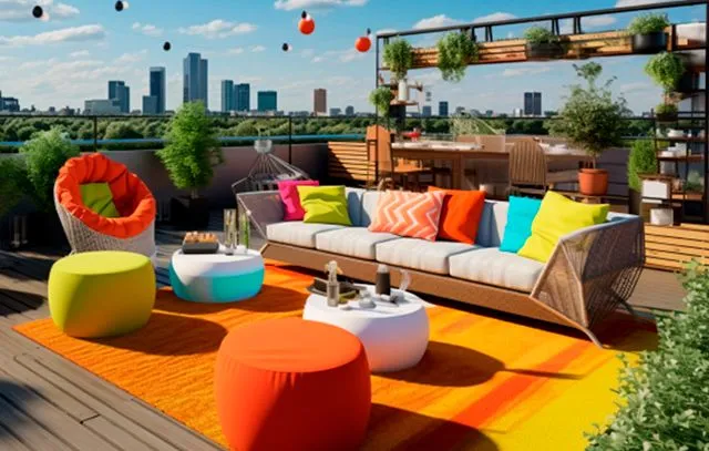 Image d’un rooftop aménagé avec des couleurs variées et vibrantes.