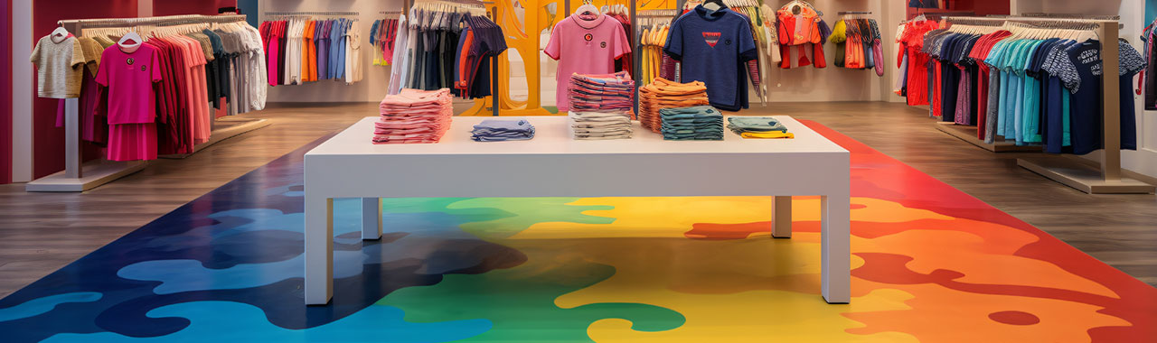 Magasin de vêtements avec une table blanche au centre affichant des piles de t-shirts colorés, entourée de rayons de vêtements suspendus et un sol aux couleurs dégradées arc-en-ciel.