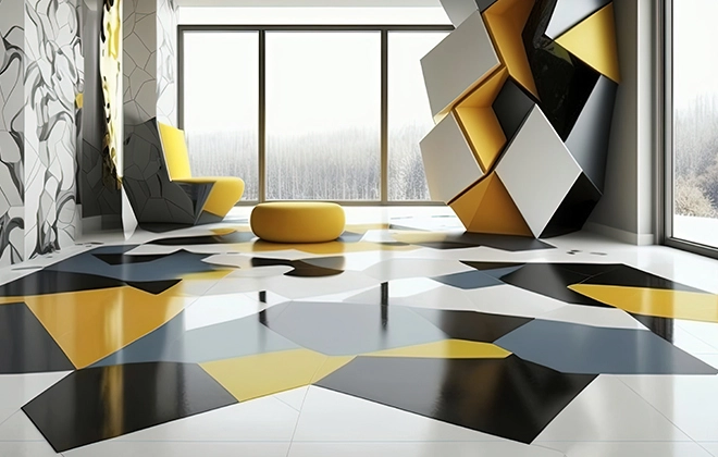 Salle moderne avec sol géométrique noir, jaune et gris, grand fauteuil jaune encastré dans le mur et pouf rond jaune près d'une grande fenêtre.