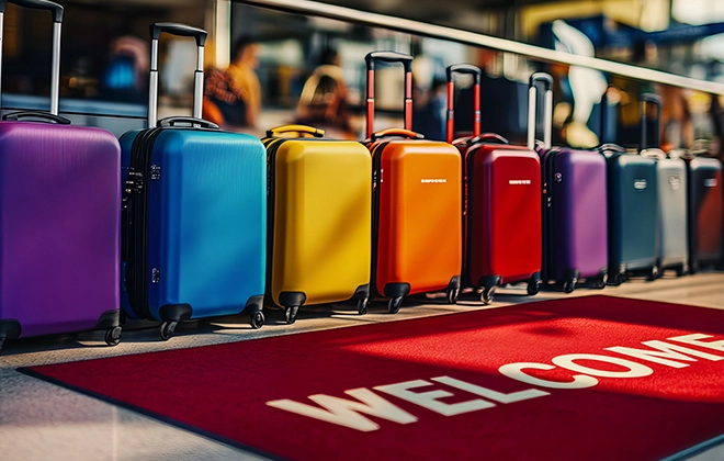 Valises colorées alignées dans un aéroport devant un tapis rouge avec le mot WELCOME.