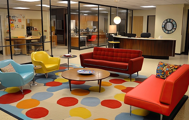 Salon de bureau de style vintage avec deux canapés rouges, un fauteuil bleu, un fauteuil jaune, une table basse ronde en bois, et un tapis à gros pois colorés.
