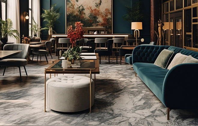 Salon élégant avec canapé bleu, table basse en verre, pouf blanc et décoration florale sur sol en marbre.