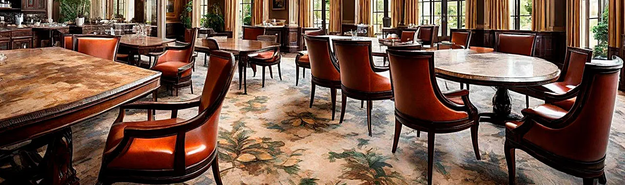 Salle à manger élégante avec des chaises en cuir marron autour de tables en bois, sur une moquette fleurie.