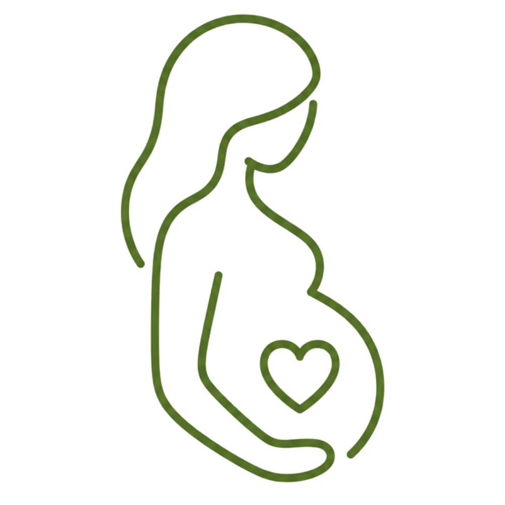 Green line drawing of a pregnant woman in profile with a heart symbol on her belly.
