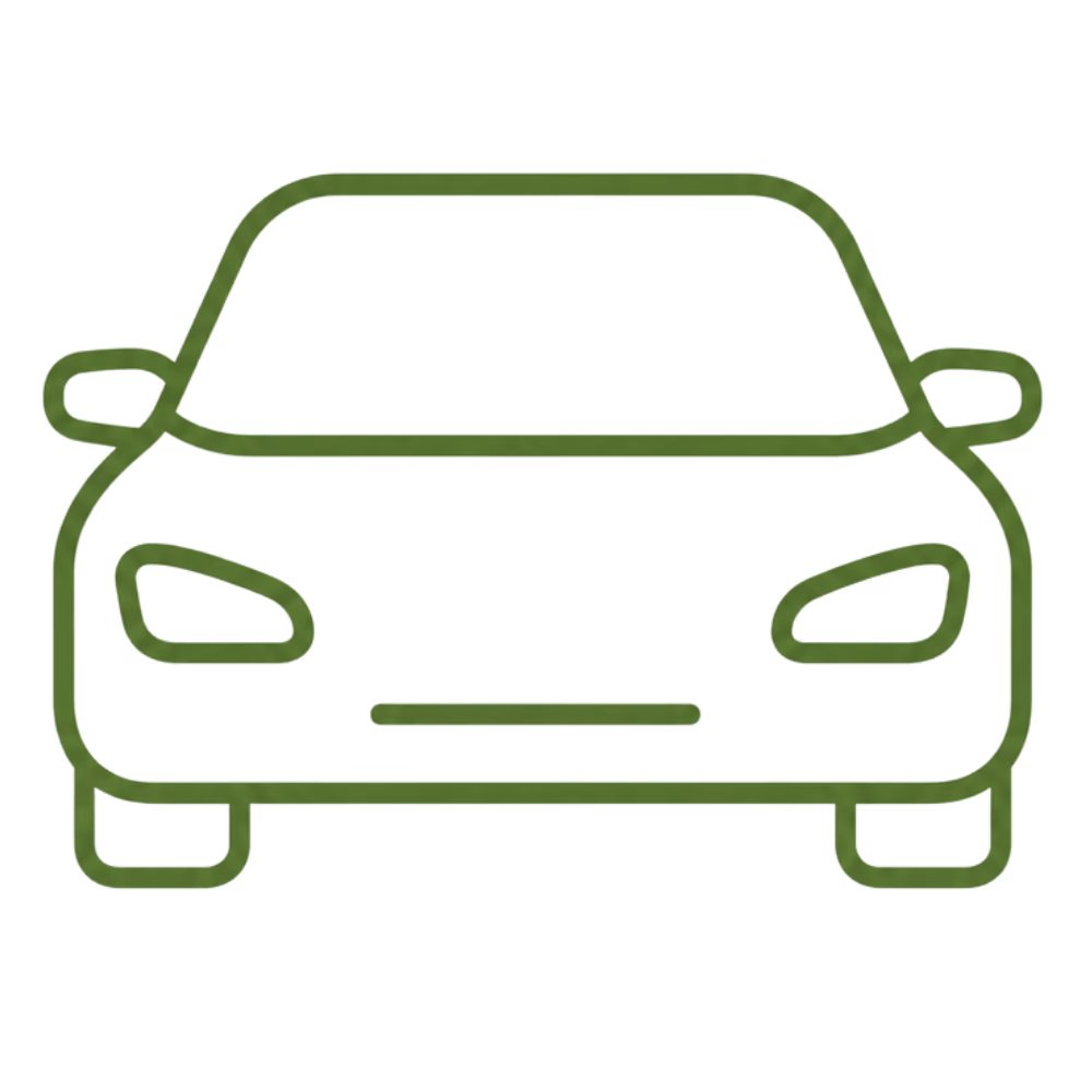 Simple green line drawing of a car seen from the front, showing headlights, side mirrors, and windshield.