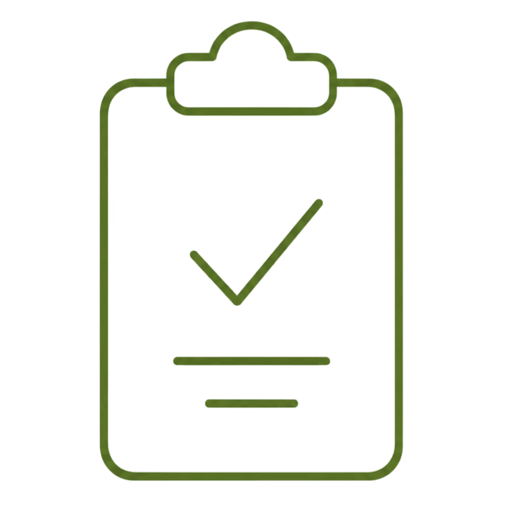 Green outline of a clipboard with a checkmark above two horizontal lines, symbolizing a completed task or checklist.