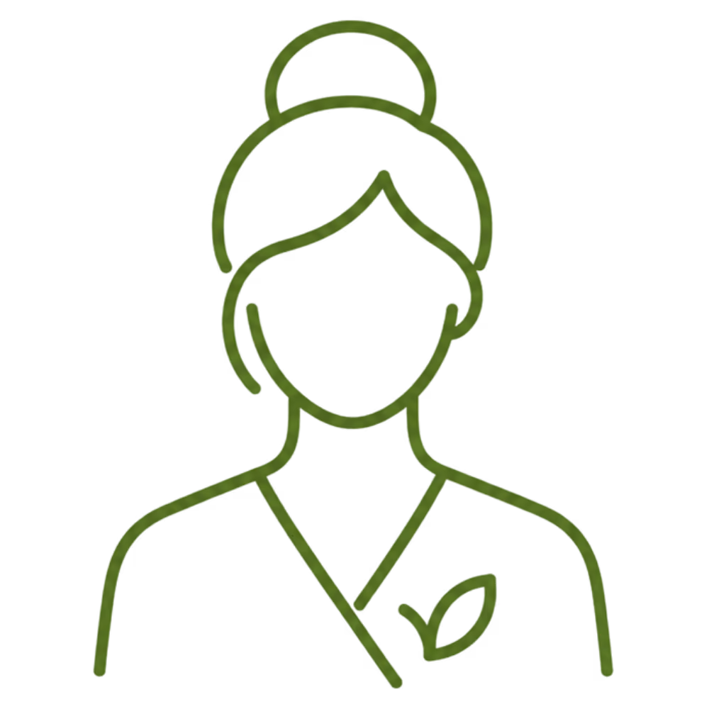 Green line art illustration of a person with hair in a bun wearing a robe or garment with a leaf emblem on the chest, suggesting a spa specialist or wellness professional.