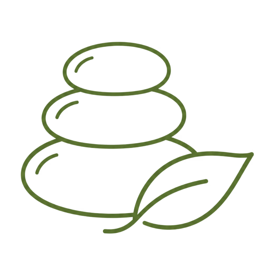 Green line art of three stacked stones with a leaf resting at the base, symbolizing balance and nature.