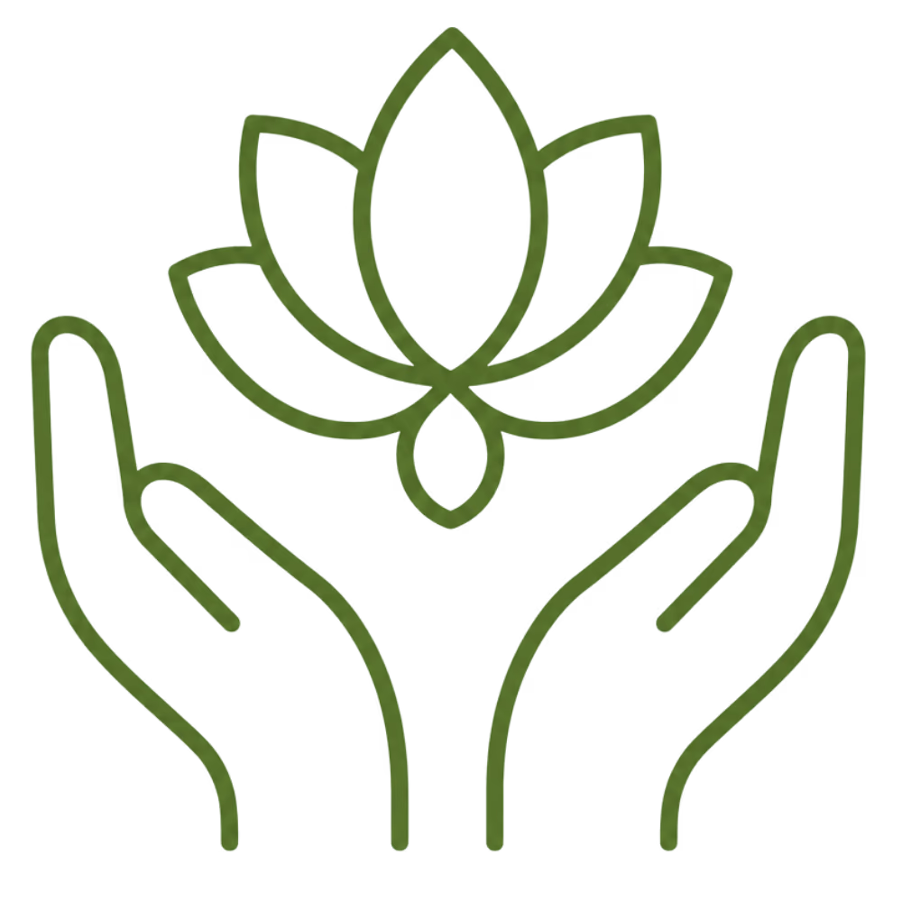 Green line drawing of two hands gently cupping a stylized lotus flower above them.