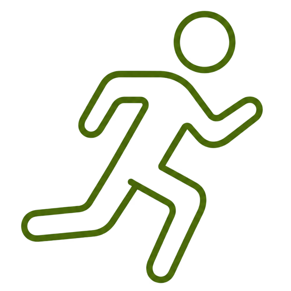 Simple green outline icon of a person running, featuring a circular head and angled limbs to indicate motion.