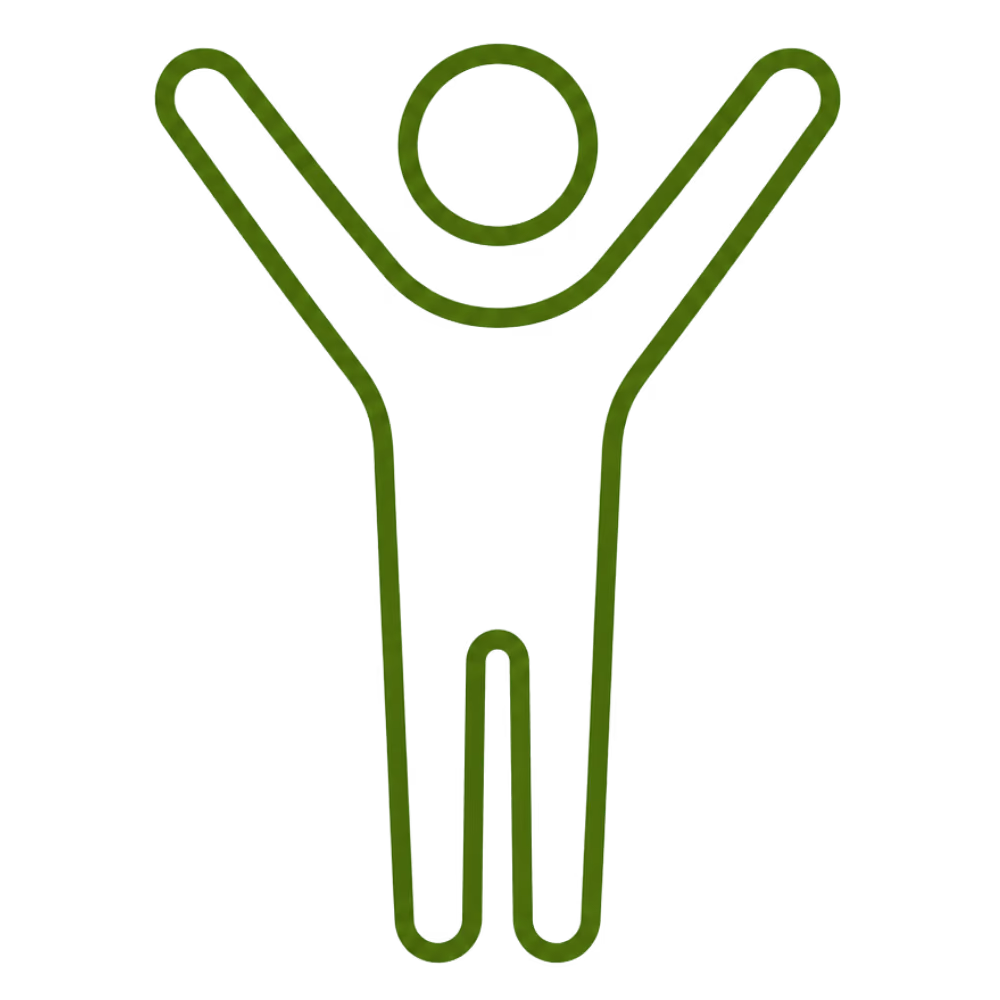 Green outline icon of a person with arms raised in a V shape, symbolizing celebration or success, on a transparent background.