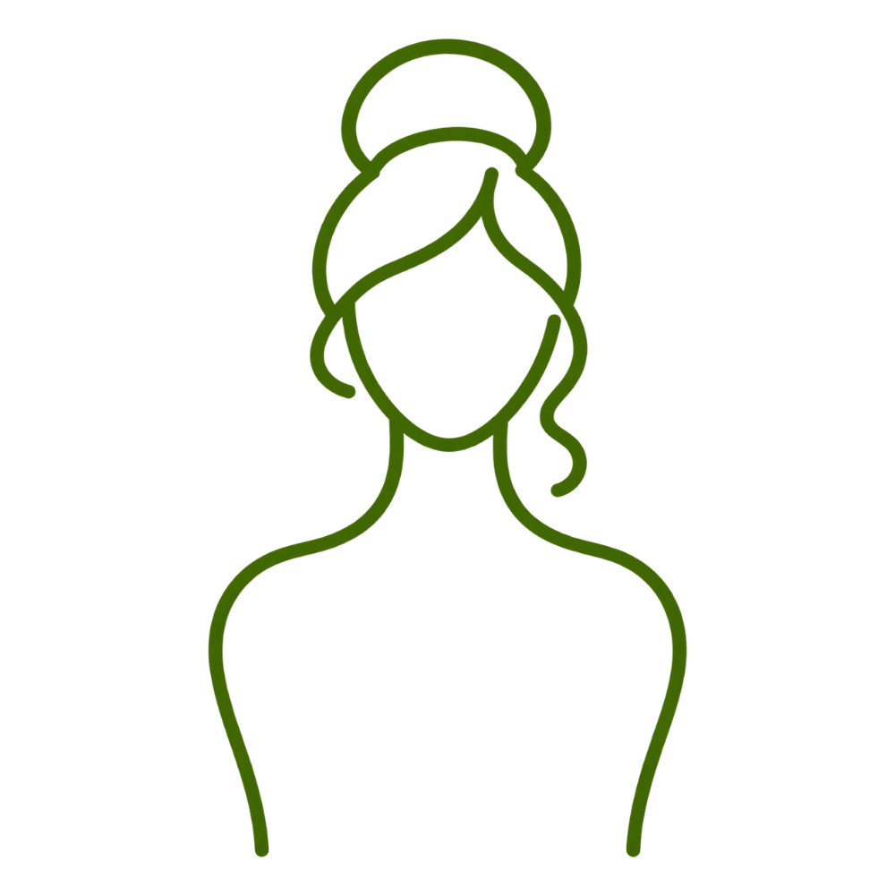 Minimalist line drawing of a woman with hair in a bun and a loose strand framing the face, no facial features shown.