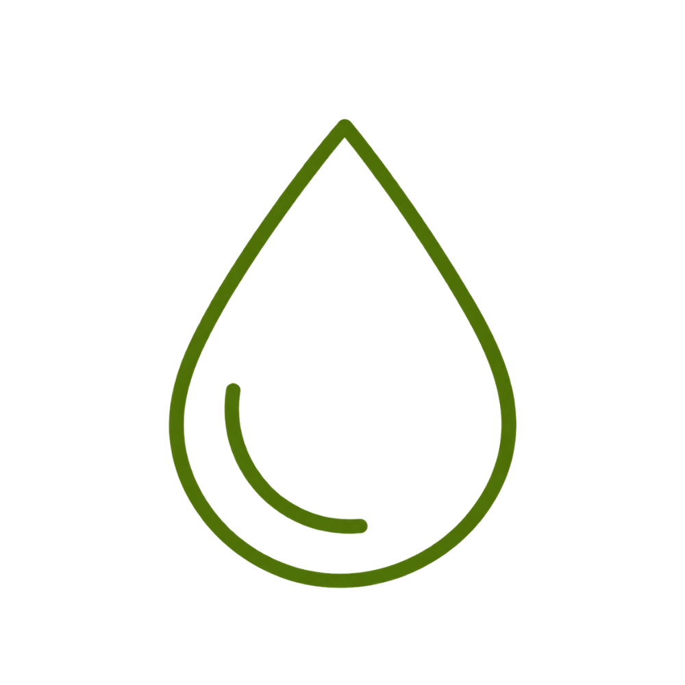 Simple olive green outline of a water droplet with a curved line inside suggesting a shine or reflection.