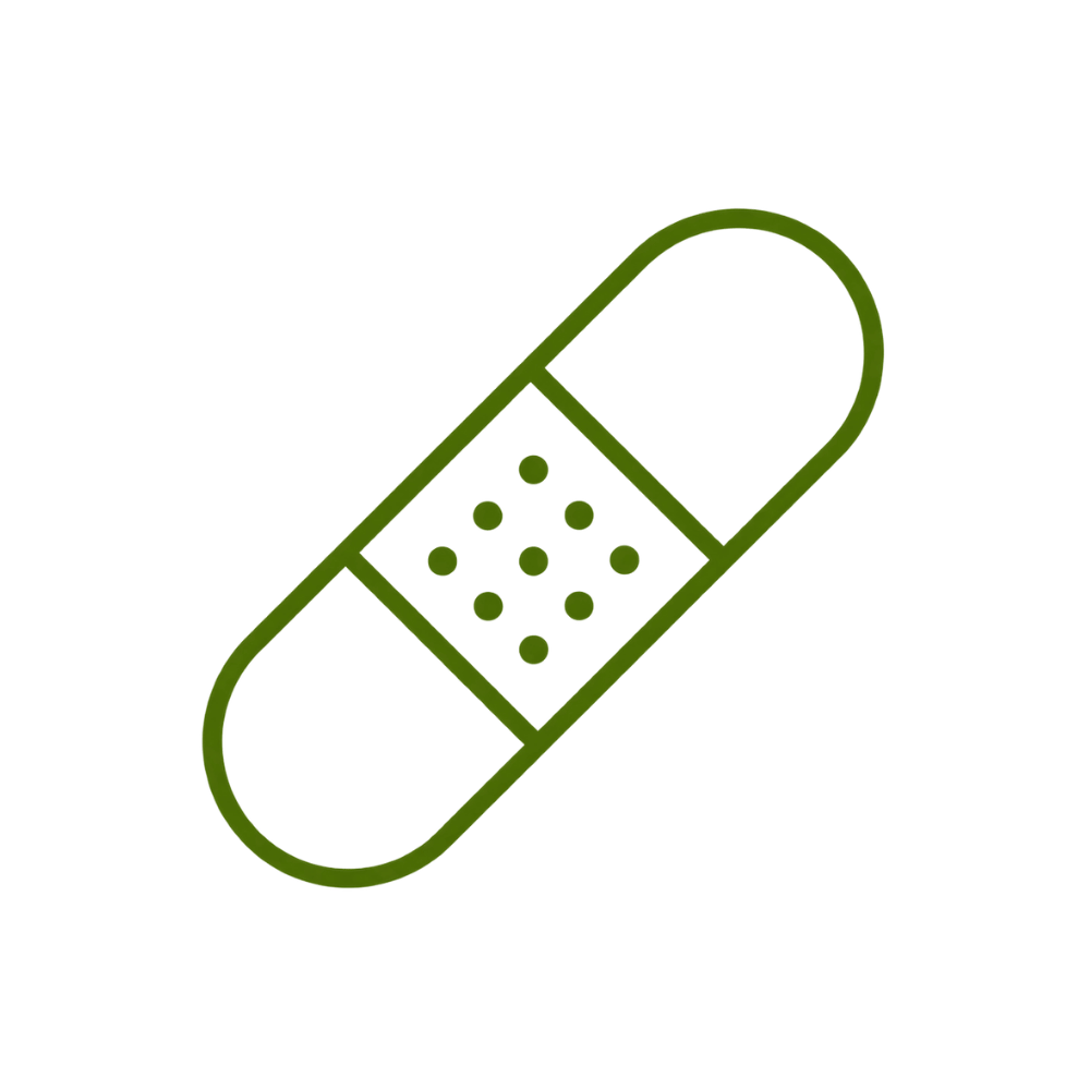 Simple green line drawing of a medical adhesive bandage with rounded ends and small circles in the central pad area.