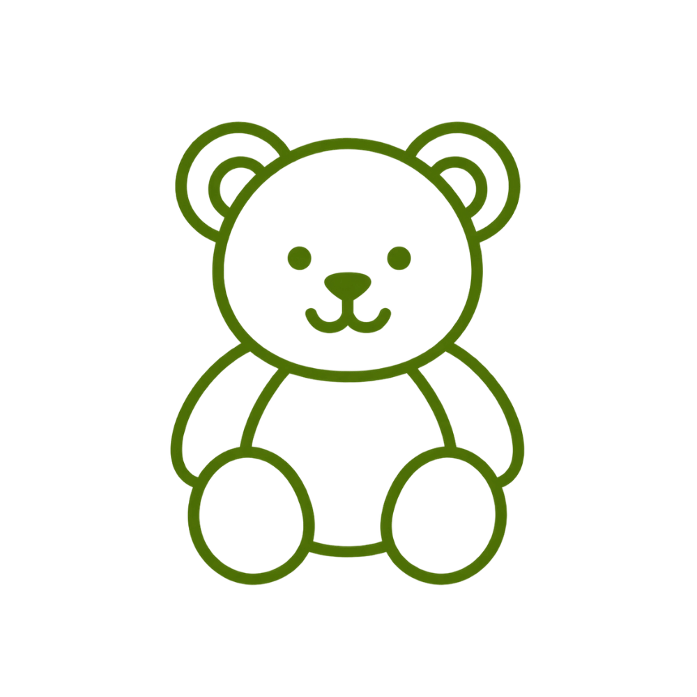 Simple green line drawing of a teddy bear sitting, with round ears, eyes, nose, and smiling mouth.