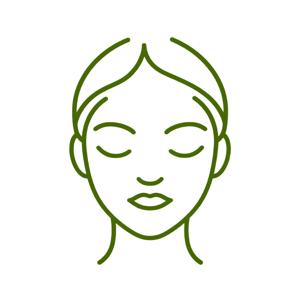 Minimalist green line drawing of a serene female face with closed eyes, defined eyebrows, nose, lips, and ears.