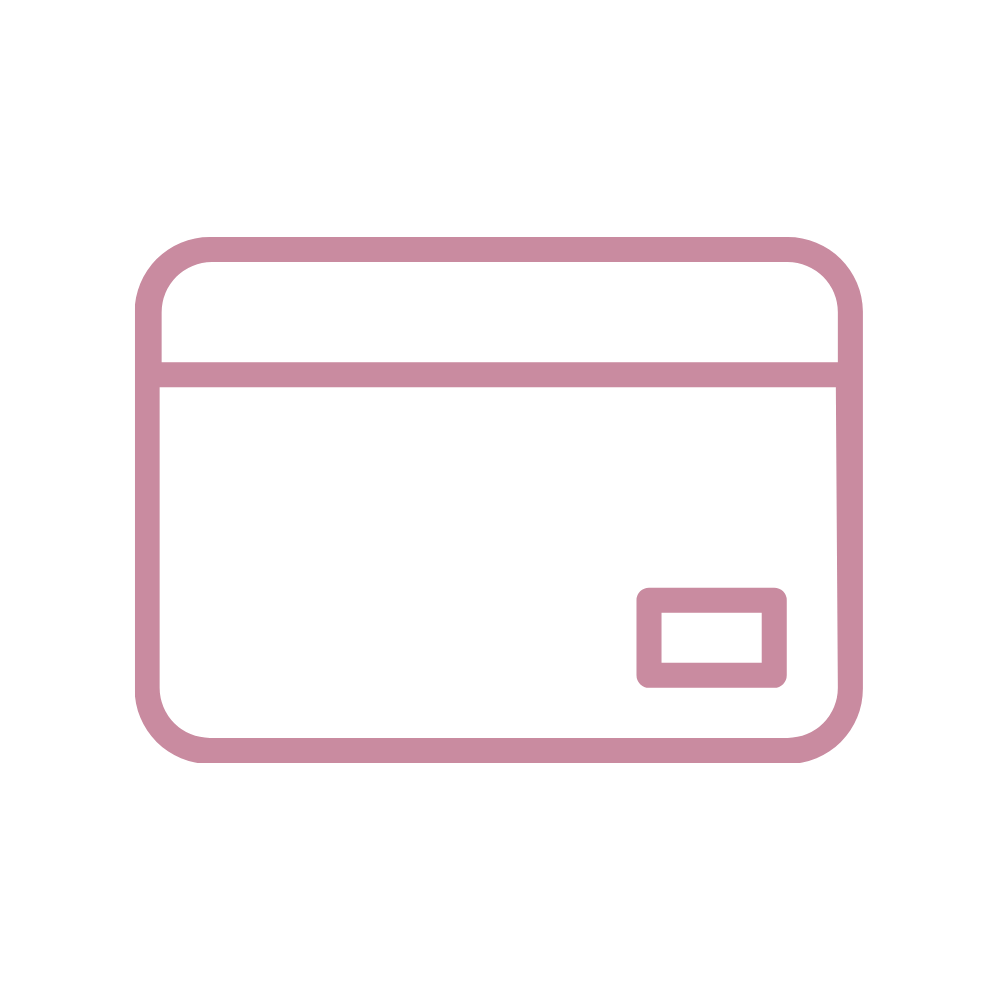 Outline icon of a credit card in pink with a rectangular magnetic stripe near the top and a smaller rectangle in the lower right corner representing the chip.