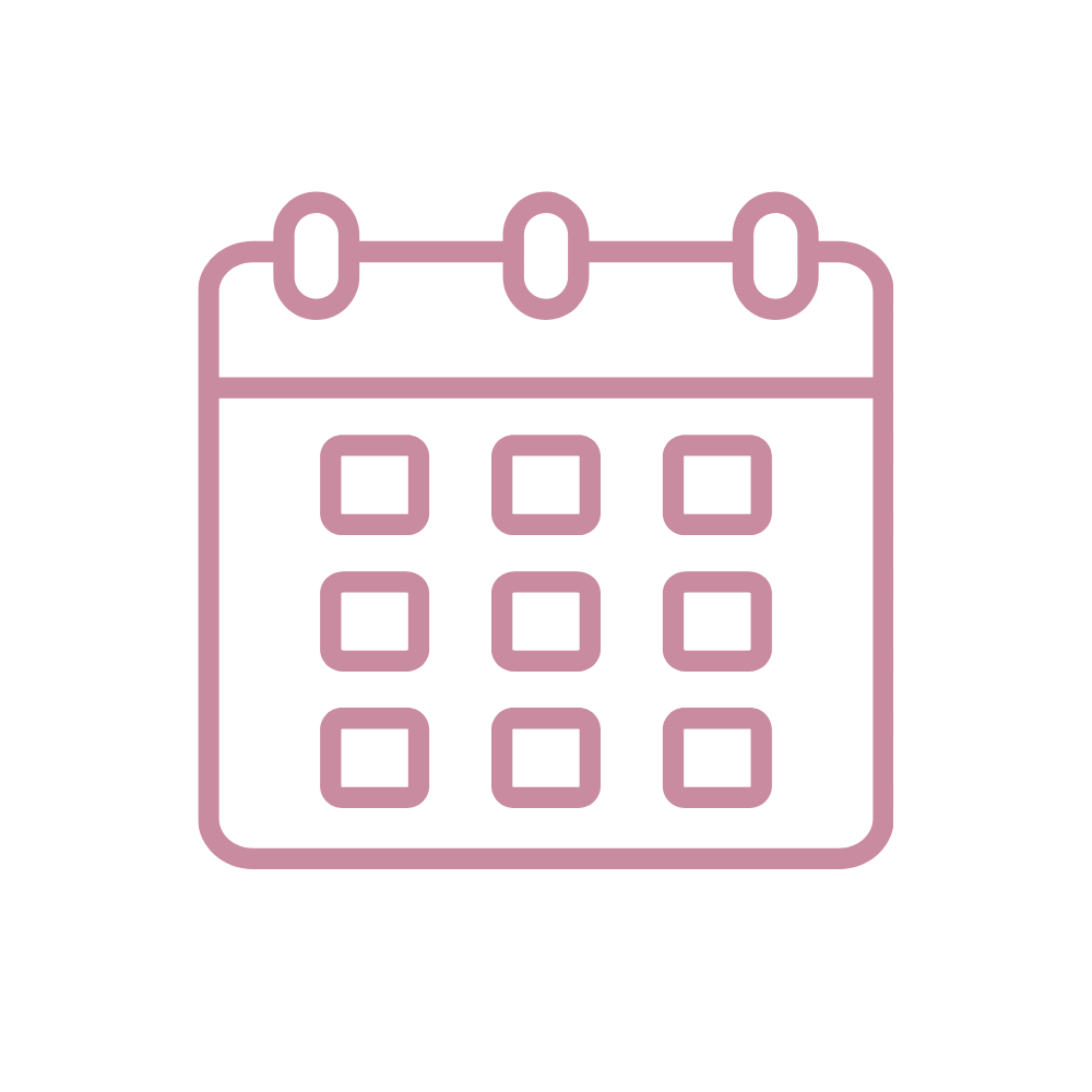 Simple pink outline icon of a calendar with nine square date indicators arranged in a 3x3 grid and three looping binding rings at the top.