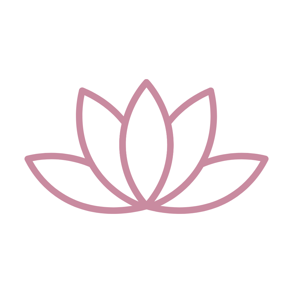 Minimalist lotus flower icon with five symmetrical pink petals outlined on a transparent background.