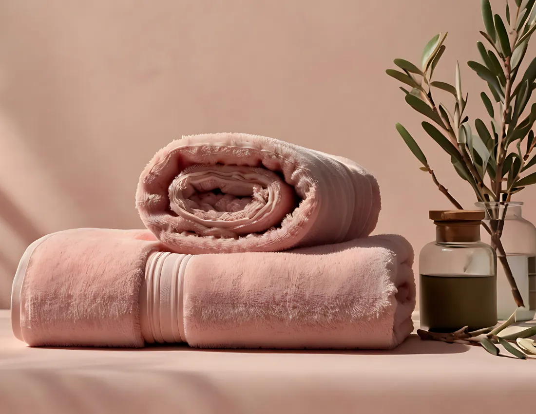 Two neatly folded pink towels stacked on a matching pink surface with a glass jar holding plant branches beside them, softly lit against a beige background.