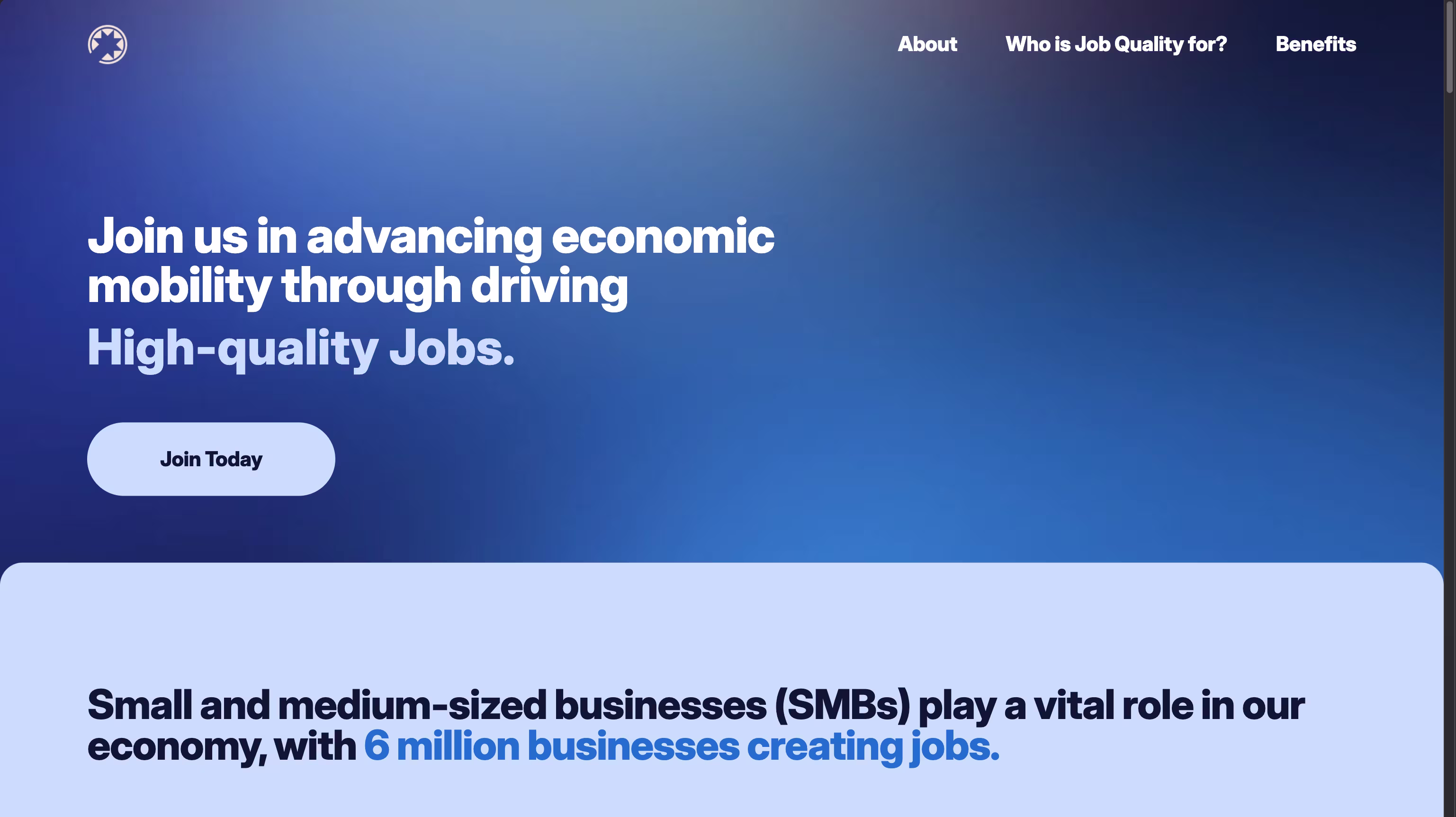 Website homepage with a call to join advancing economic mobility through high-quality jobs and SMBs role.