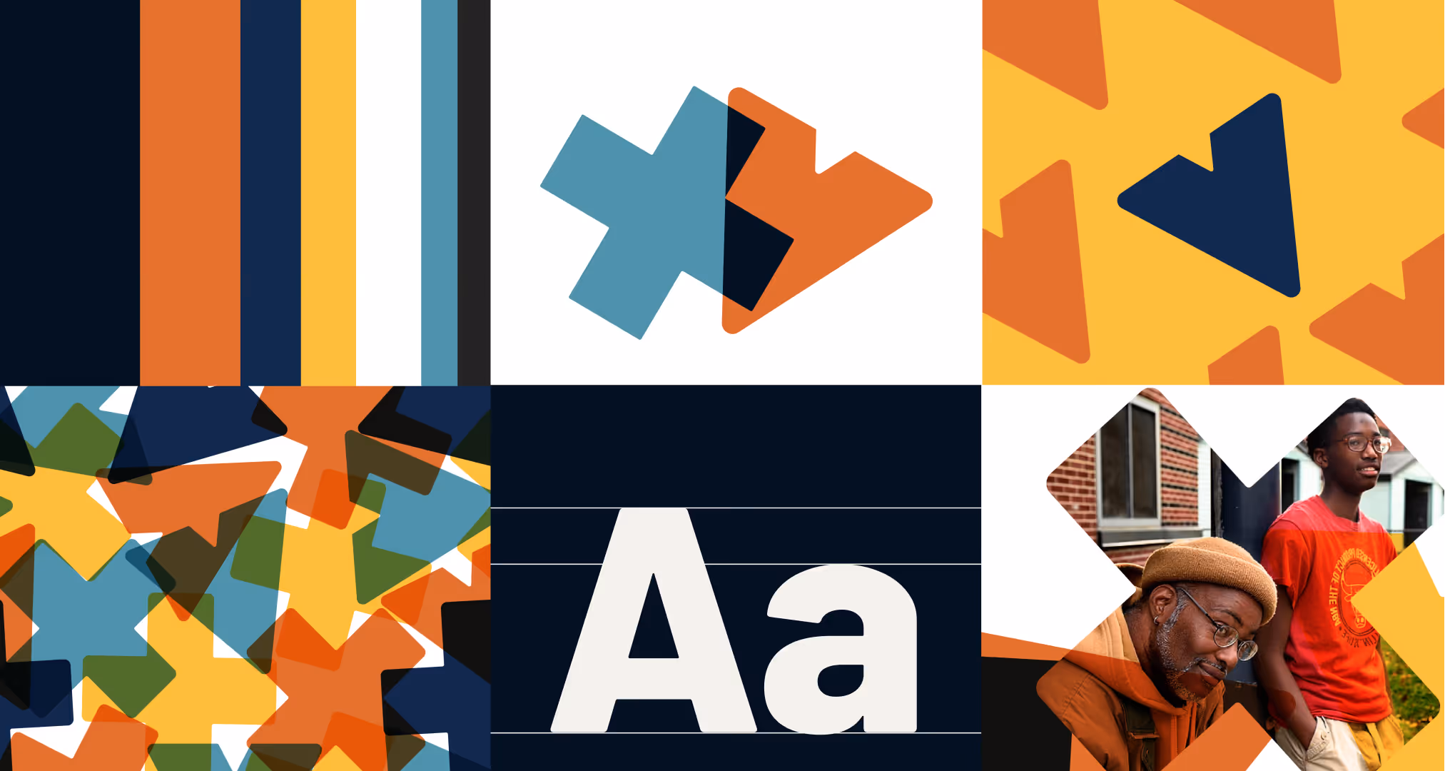 Collage of colorful geometric shapes, letter Aa, and two men in casual outdoor setting.