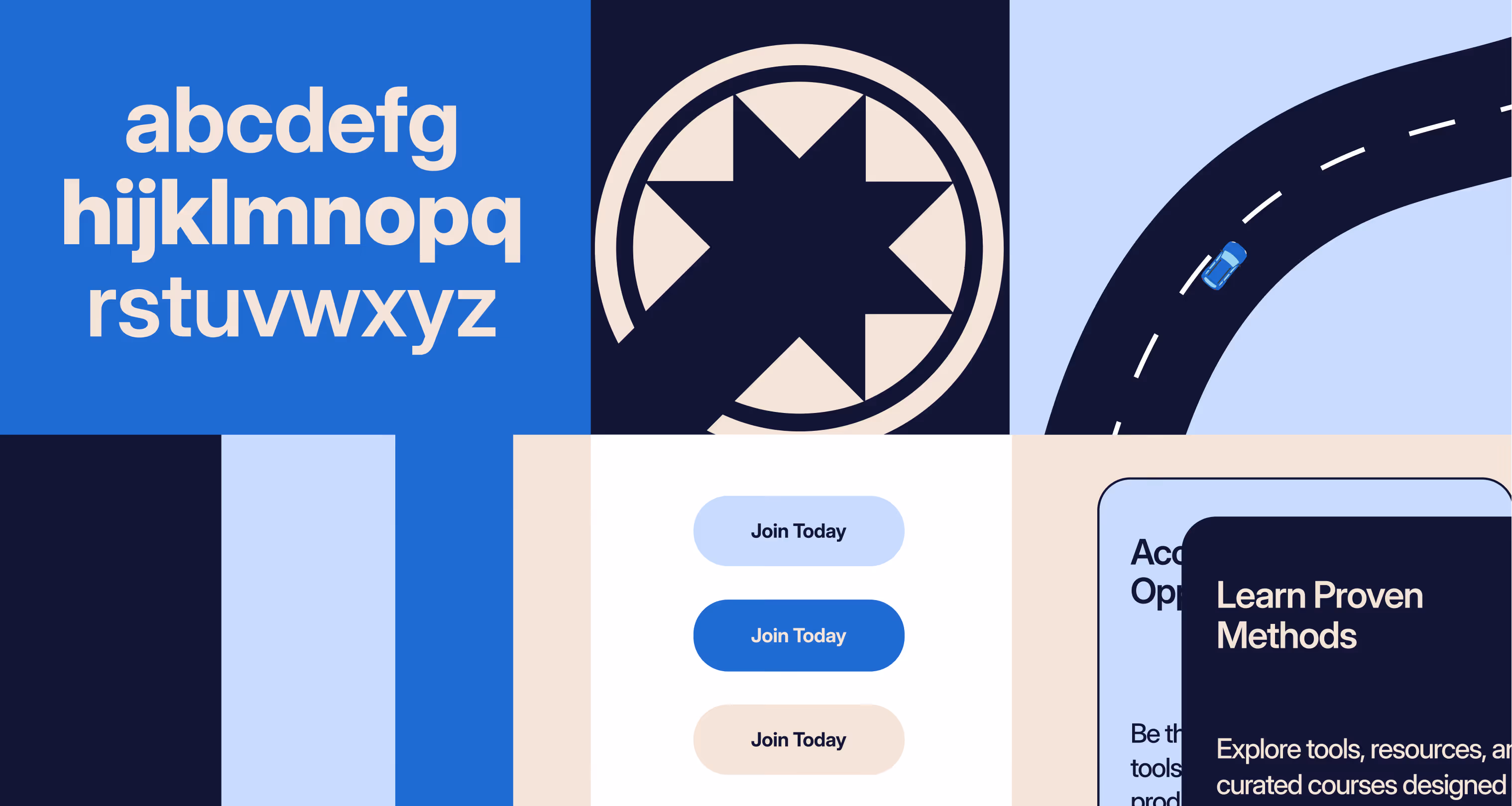 Design system board showing alphabet, star symbol, road with blue car, and three Join Today buttons.