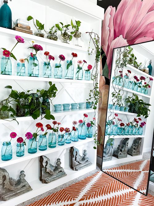 End of Summer Shelf Styling with Zinnias